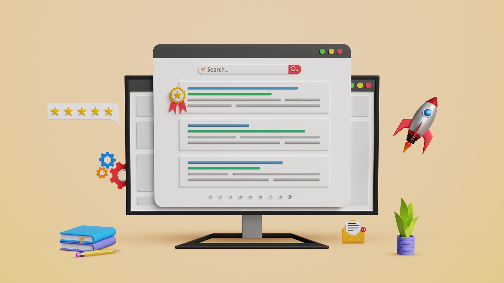 SEO ranking position, top ranking, web search page concept. Search engine optimization, Optimize your website to rank in top position on a computer. 3D illustration