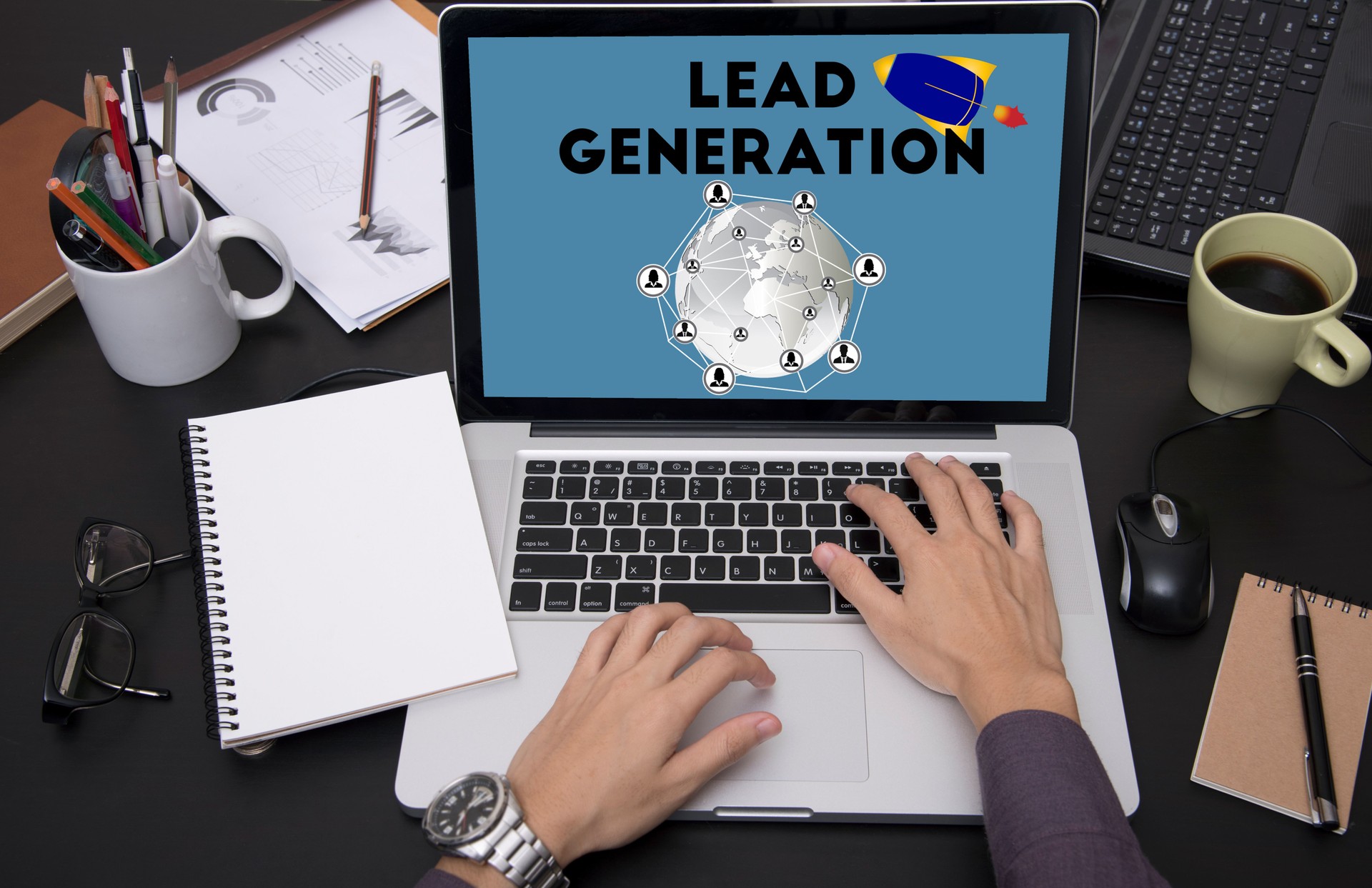 hand typing on keyboard with Lead Generation homepage